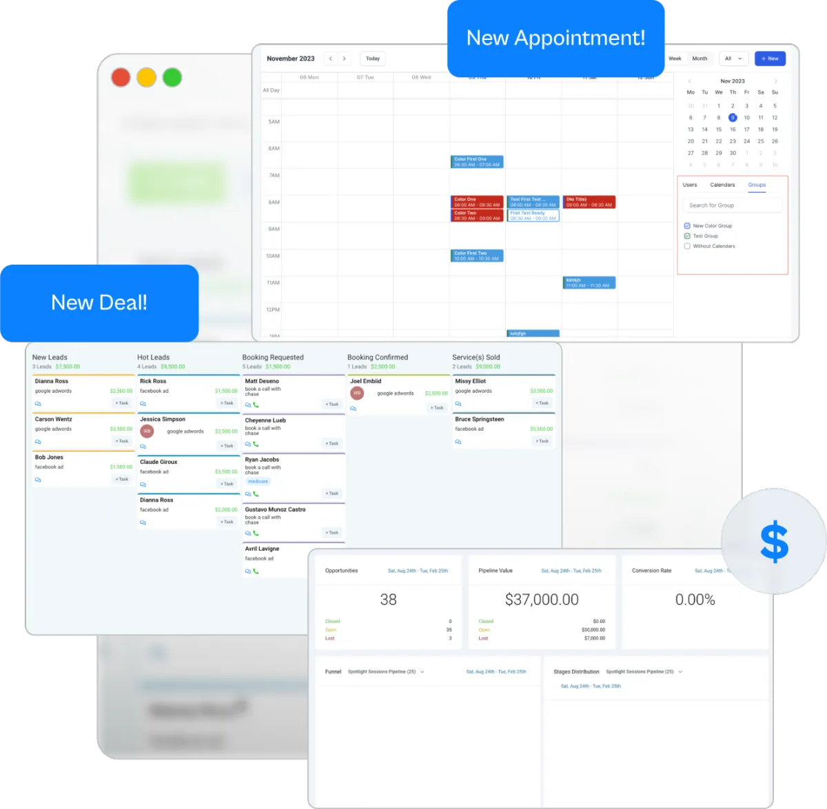 GrowthFlow dashboard showing calendar, pipeline, revenue and opportunity stats