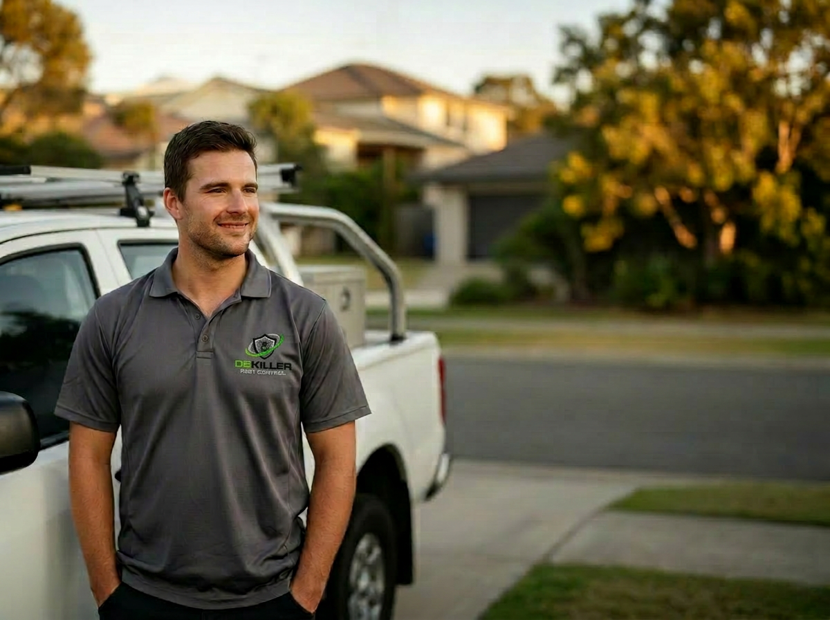 Australian pest control business owner standing beside his work ute